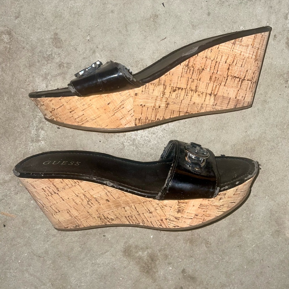 Guess Black and Brown Cork Wedge Sandals